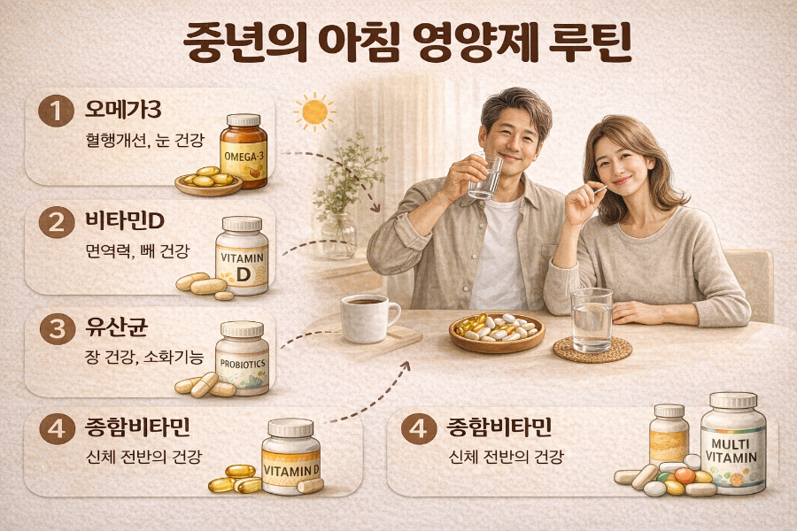 alt="중년 남녀가 아침에 영양제를 챙기는 장면"