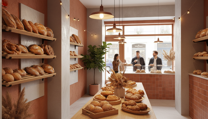 테라코타 톤의 아늑한 인테리어를 갖춘 세련된 소금빵 전문 베이커리 내부 전경