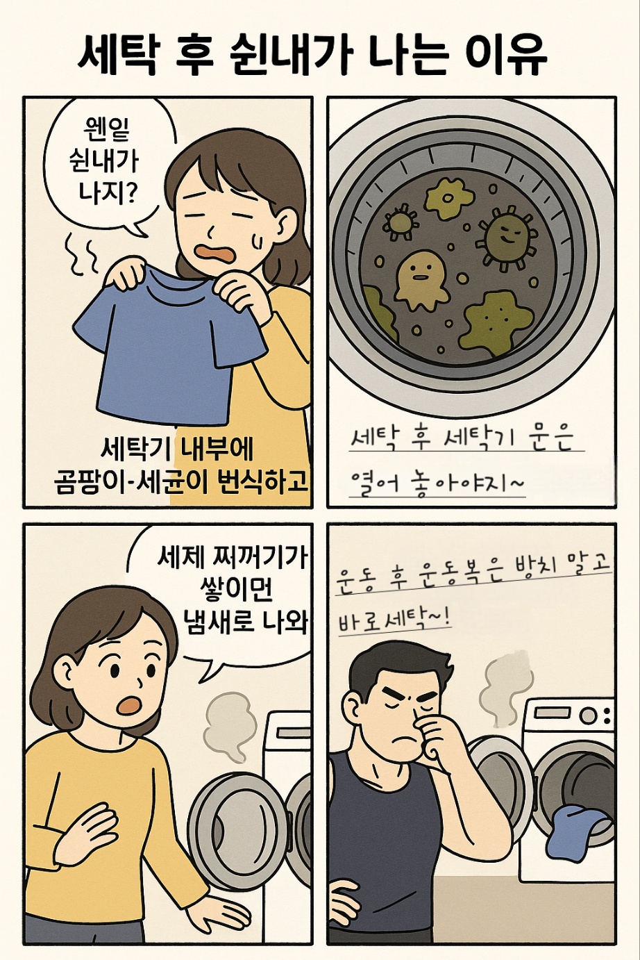 세탁 후 쉰내 나는 원인을 설명하는 네 컷 만화, 냄새의 원인이 세탁기 오염이라는 메시지를 전달한다. 대한민국세탁연구소