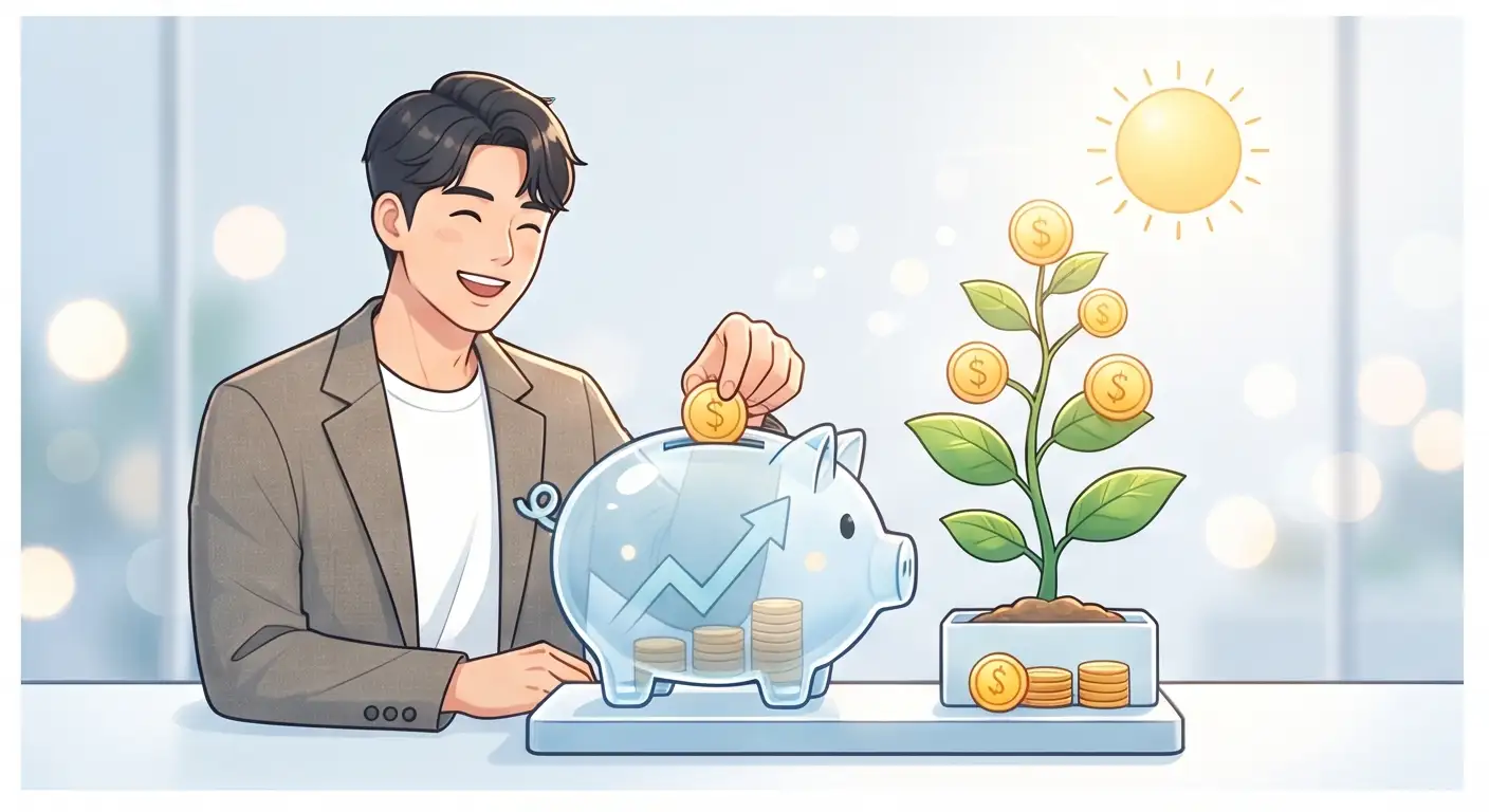 웃으며 저금통에 동전을 저축하는 남성과 자라나는 돈 나무 일러스트