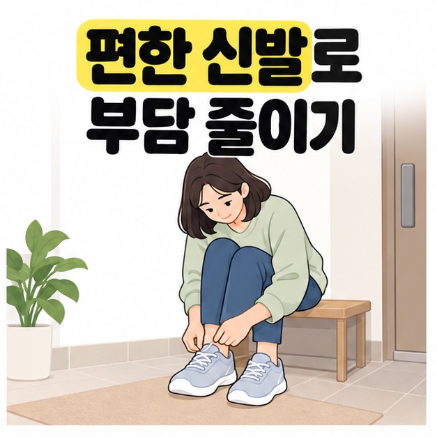 편한 신발로 부담 줄이기 문구 아래 현관 의자에 앉아 운동화 끈을 묶는 여성