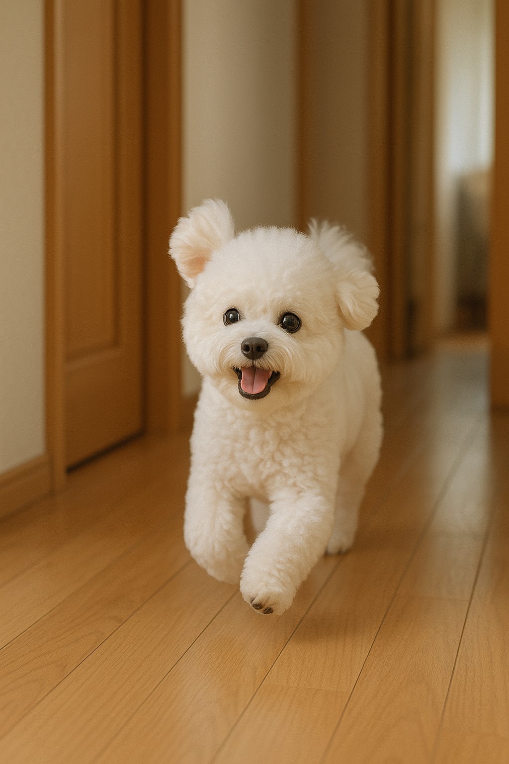 집에서 귀를 펄럭이며 뛰어오는 비숑