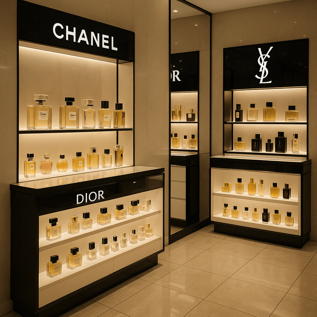 고급 백화점의 향수 코너 전경. 대리석 바닥과 거울 벽면 아래 샤넬, 디올, 입생로랑 향수들이 조명 아래 정렬되어 있으며, 고급스럽고 정돈된 분위기를 연출한다.