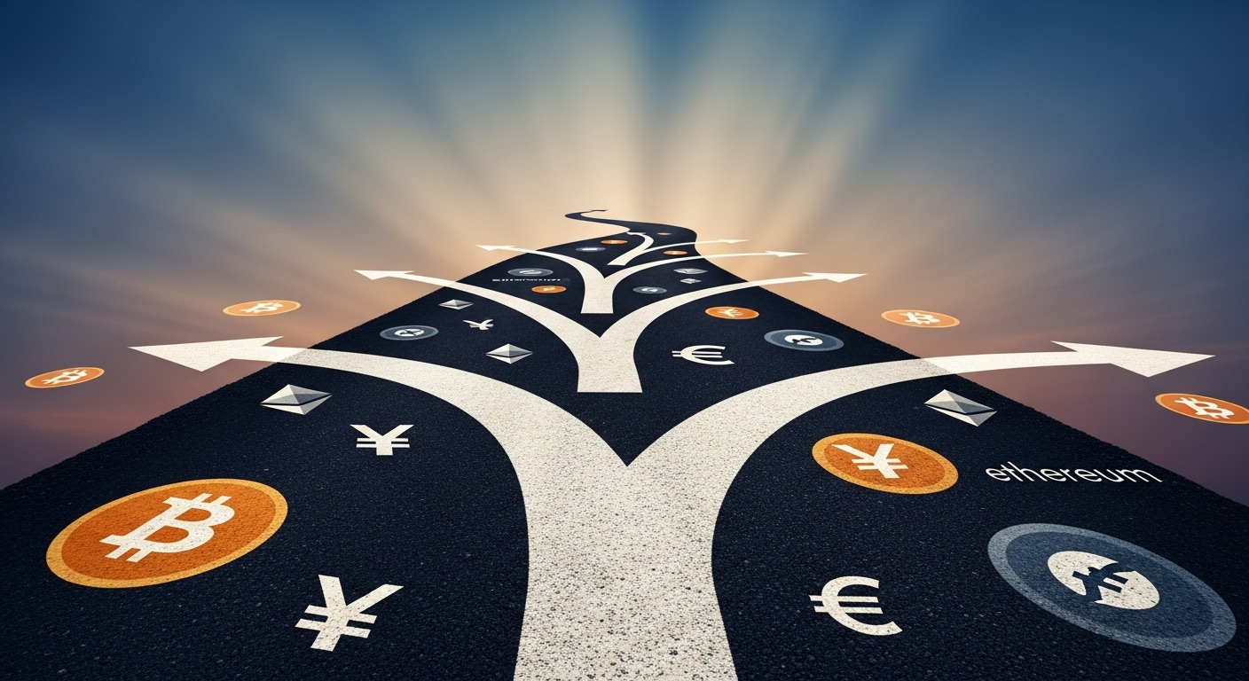 가상자산 시장의 규제 불확실성과 다양한 미래 방향성을 나타내는 갈림길.