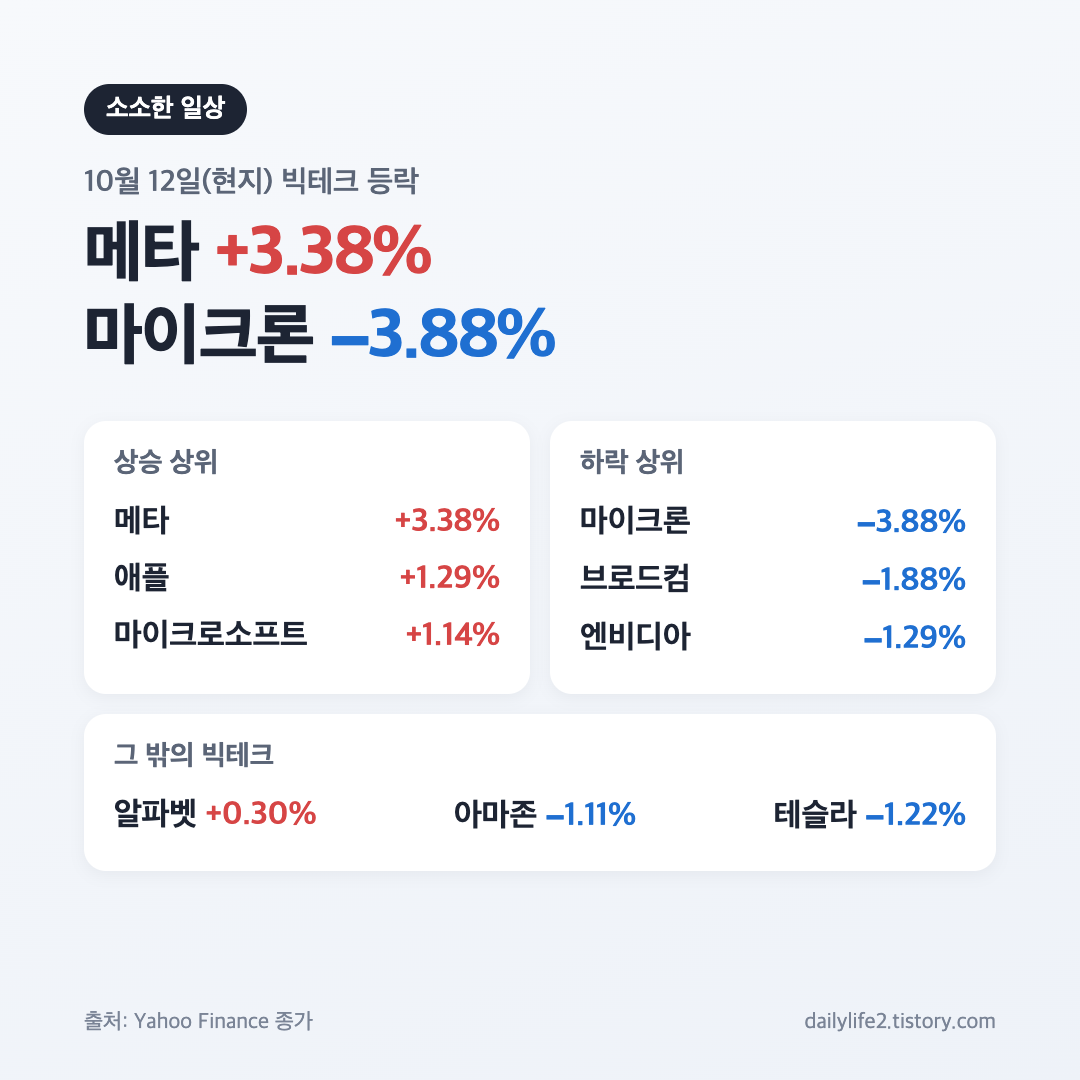 10월 12일 미국 증시 빅테크 9종목 상승·하락 상위