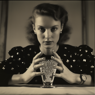 고전적인 흑백 사진, 손톱에 실버 네일아트가 눈에 띄고 대비가 됨