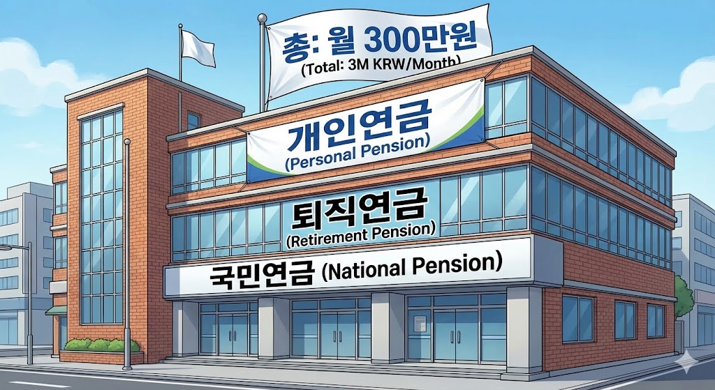 1층(국민), 2층(퇴직), 3층(개인)으로 쌓인 튼튼한 '연금 건물'이 완성되어 '월 300만원' 깃발이 꽂힌 이미지