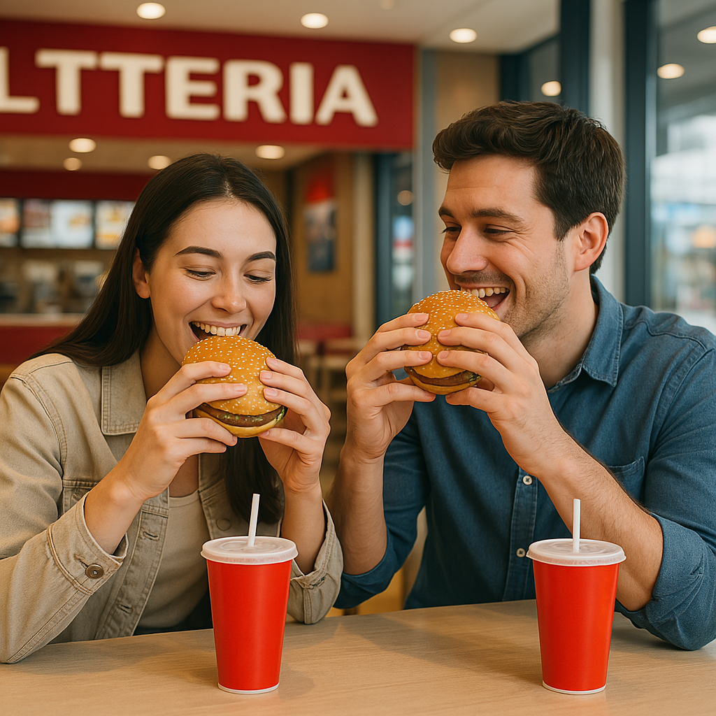 출처 : chatGPT. 햄버거를 먹고 있는 커플