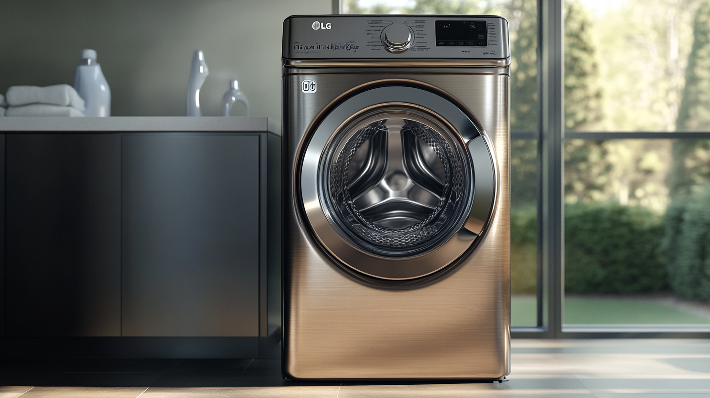LG 트윈워시의 상단 드럼과 하단 미니 세탁기가 함께 작동하는 모습, 대형 창문을 통해 햇빛이 비치는 고급스러운 세탁실.
