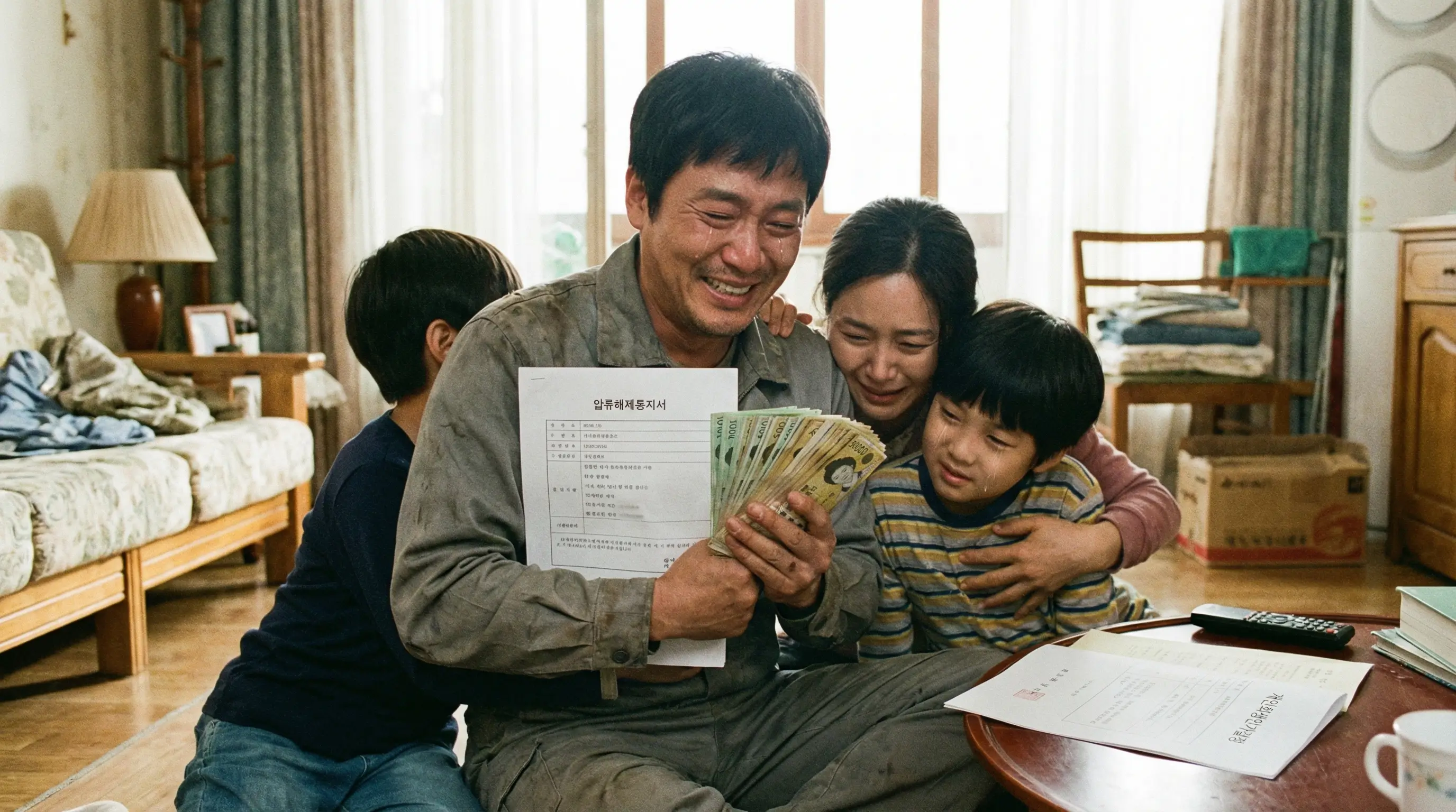 개인회생 인가 후 압류가 해제되어 묶여있던 목돈을 받고 기뻐하는 채무자의 모습