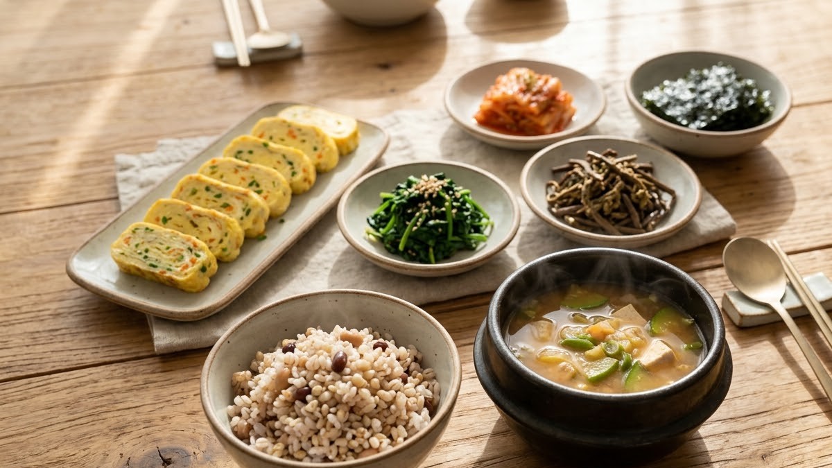 잡곡밥과 된장국, 나물 반찬, 계란말이로 차려진 한식 아침 상차림