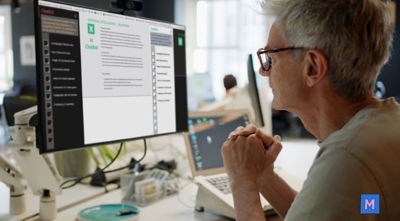 AI 챗봇 화면을 집중해서 바라보며 작업 중인 남성 – 생성형 AI로 업무를 수행하는 장면 via canva