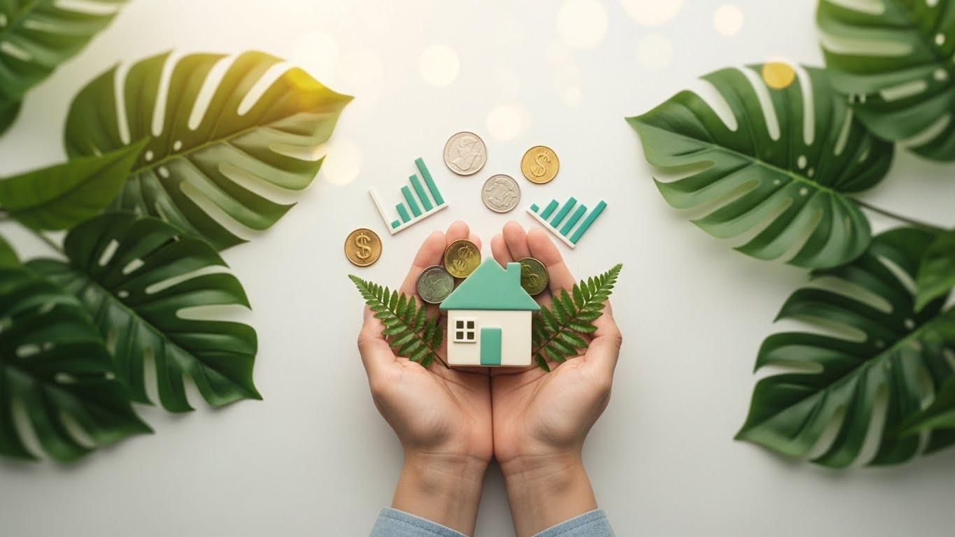A minimalist, high-angle shot of a person's hands holding a small, stylized piggy bank shaped like a house, surrounded by miniature financial symbols (coins, small bar charts) and lush, calm green foliage. The background is a soft, warm bokeh representing future prosperity and peace. Emphasize a sense of security and long-term savings for retirement. Use a serene, hopeful mood with a focus on #5D9E5D (calm, elegant green) as the dominant color accent.