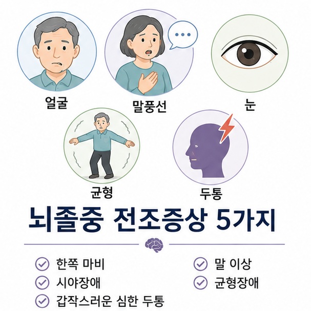 얼굴과 팔, 말과 시야, 균형을 상징하는 아이콘을 통해 갑자기 나타나는 대표적인 뇌졸중 전조증상 5가지를 한눈에 보여 주는 그림