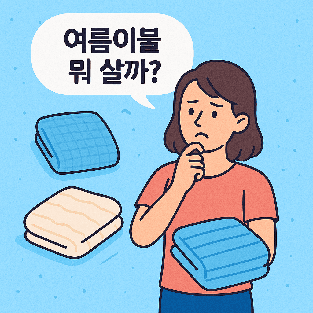 어떤 여름이불을 살지 고민하는 여성 일러스트