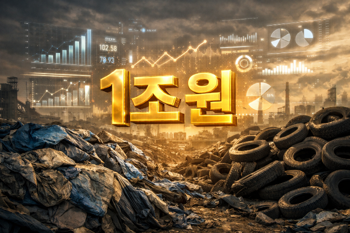 산업 폐기물 더미에서 피어오르는 업사이클링 시장의 통계적 성장 지표 그래픽.