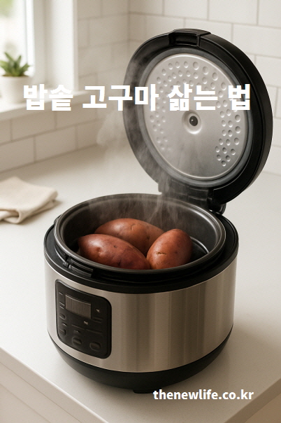 밥솥을 이용해 고구마를 삶는(찌는) 과정을 보여주는 이미지.