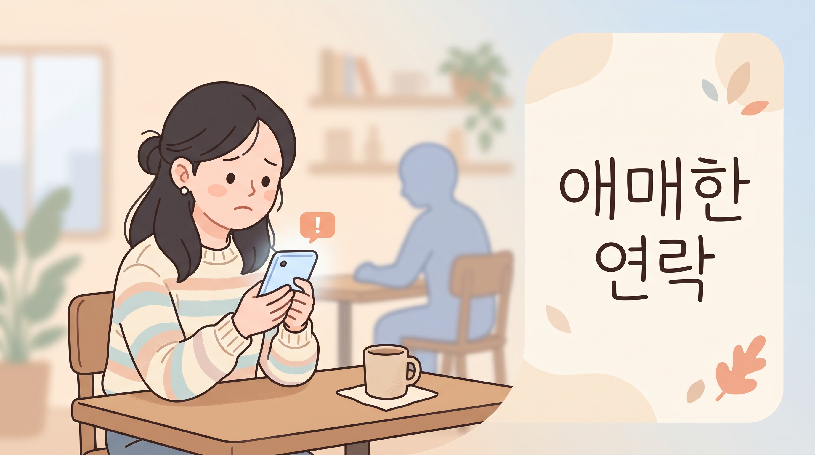 애매한 연락에 불안해하는 사람 일러스트
