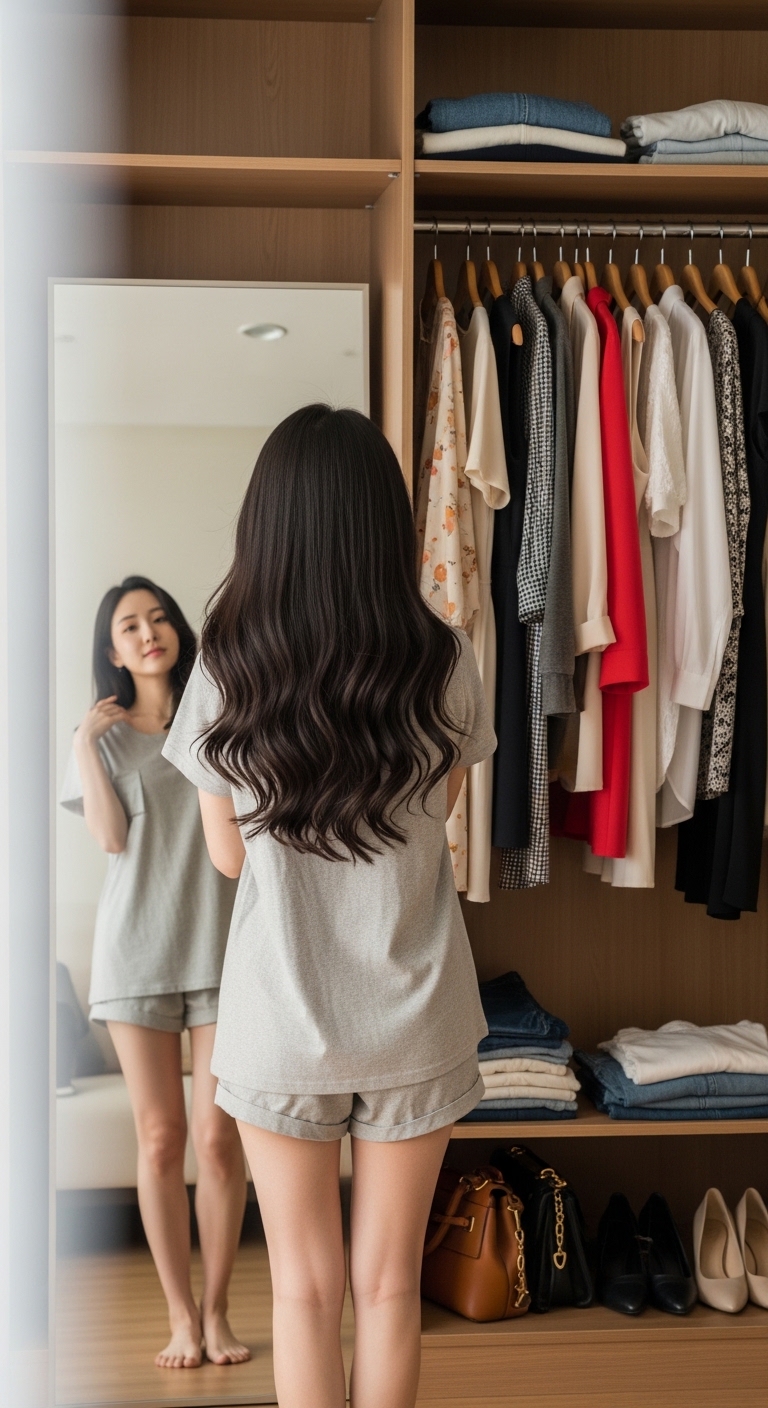 옷장 앞에서 어떤 옷을 입을지 고민하며 거울을 보는 여성의 뒷모습.