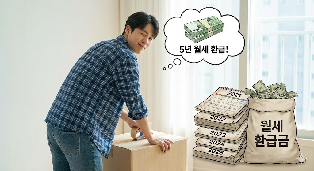 이사 가방을 싸는 모습과 함께, 뒤늦게 5년 치 월세 환급금을 한꺼번에 받는 '돈벼락' 이미지