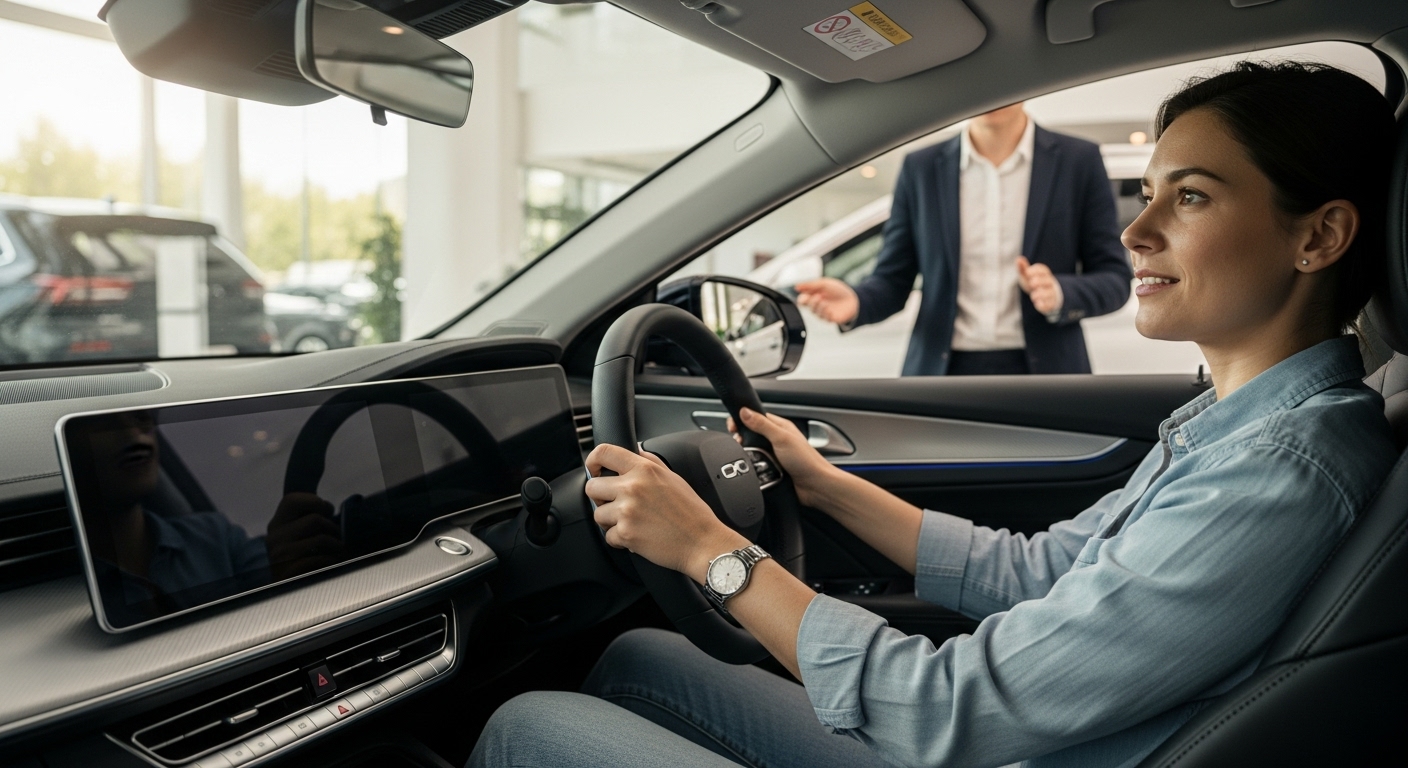 자동차 전시장에서 시승하며 차량 내부를 살펴보는 사람. 판매원이 옆에서 설명을 돕고 있습니다.