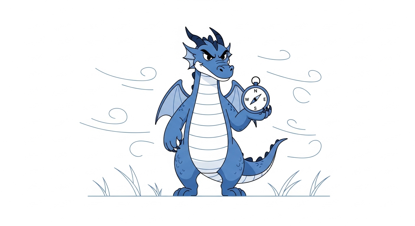 바람이 부는 들판에서도 나침반을 들고 흔들리지 않고 중심을 잡는 용 캐릭터 일러스트