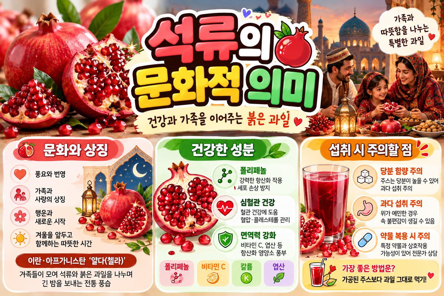 석류의 문화적 의미와 폴리페놀 등 주요 영양 성분, 당분 섭취 주의사항을 소개하는 건강정보 썸네일 이미지. 붉게 익은 석류와 석류 알갱이, 석류주스가 배치되어 있으며, 이란과 아프가니스탄의 전통 풍습인 얄다를 통해 석류가 풍요와 번영, 가족의 사랑과 따뜻함을 상징한다는 내용을 표현하고 있다. 폴리페놀의 항산화 작용과 비타민 C, 칼륨, 엽산 등 영양 성분을 소개하고, 석류주스의 당분 함량과 과다 섭취, 약물 복용 시 주의사항 및 과일 그대로 섭취하는 방법을 안내하고 있다.