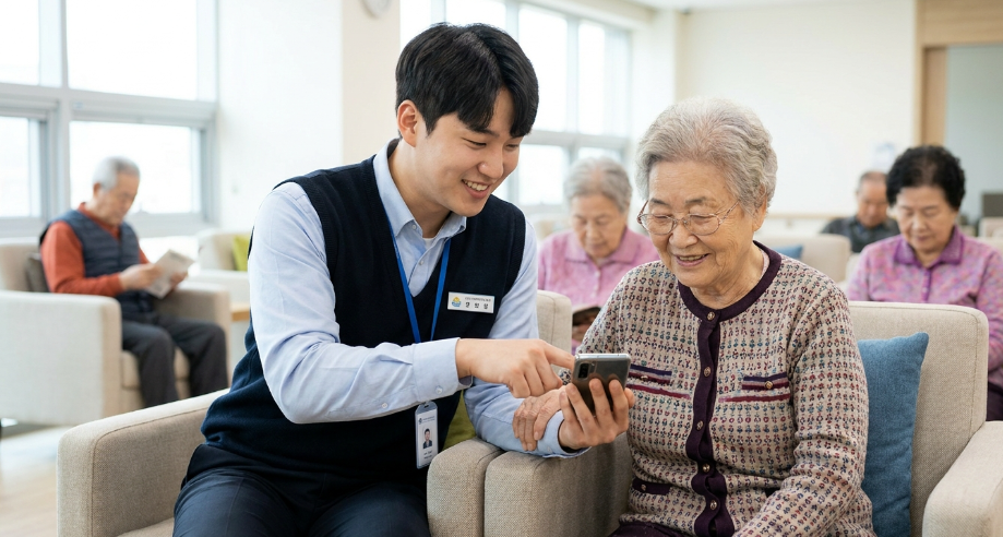 복지관 프로그램에서 노인분들의 활동을 친절하게 돕고 있는 실습생
