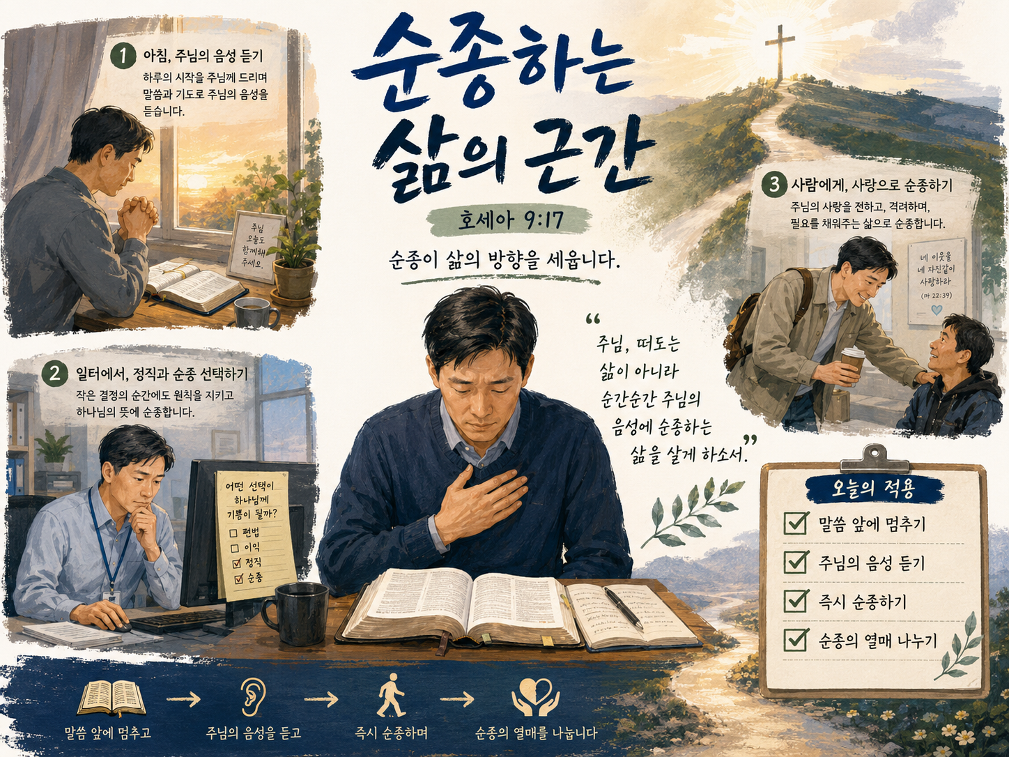 호9:17 말씀에서 순종함으로 하나님께서 축복해주시는 것과 순종치 않기 때문에 하나님께서 그들을 버리시며 떠도는 삶을 살게 되는 것을 보며 무엇보다 순종하는 삶이 살아가는 삶의 근간임을 명심하며, 순간순간 주시는 하나님의 음성을 따라 순종하는 삶을 살아가는 모습입니다.