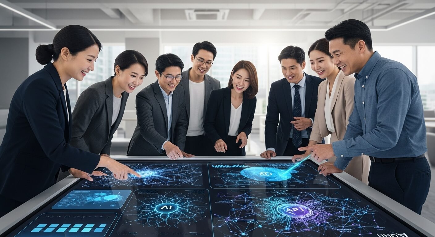 AI 알고리즘과 데이터 시각화를 통해 새로운 수익 모델을 모색하는 현대 한국 비즈니스 팀.