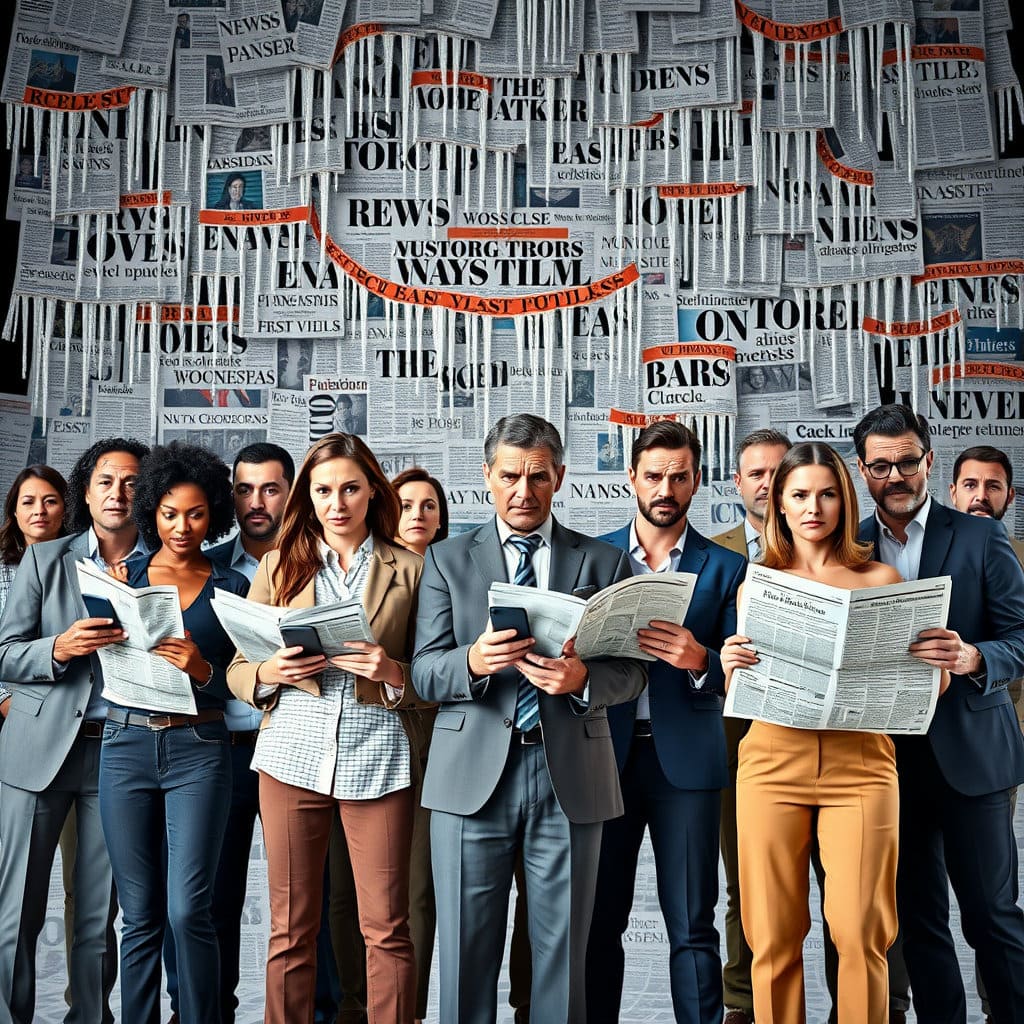 수많은 뉴스 기사 헤드라인들이 폭포수처럼 쏟아져 내리는 배경에, 손에 스마트폰이나 신문을 들고 불안하거나 당황한 표정을 짓고 있는 여러 명의 투자자(사람)들이 서 있는 모습을 그립니다. 정보의 홍수 속에서 투자자들이 느끼는 혼란을 표현합니다.