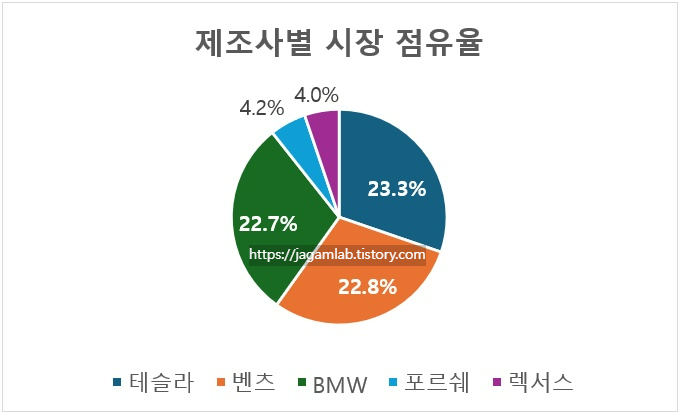 2025년 5월 테슬라, 벤츠, BMW, 포르쉐, 렉서스 시장점유율