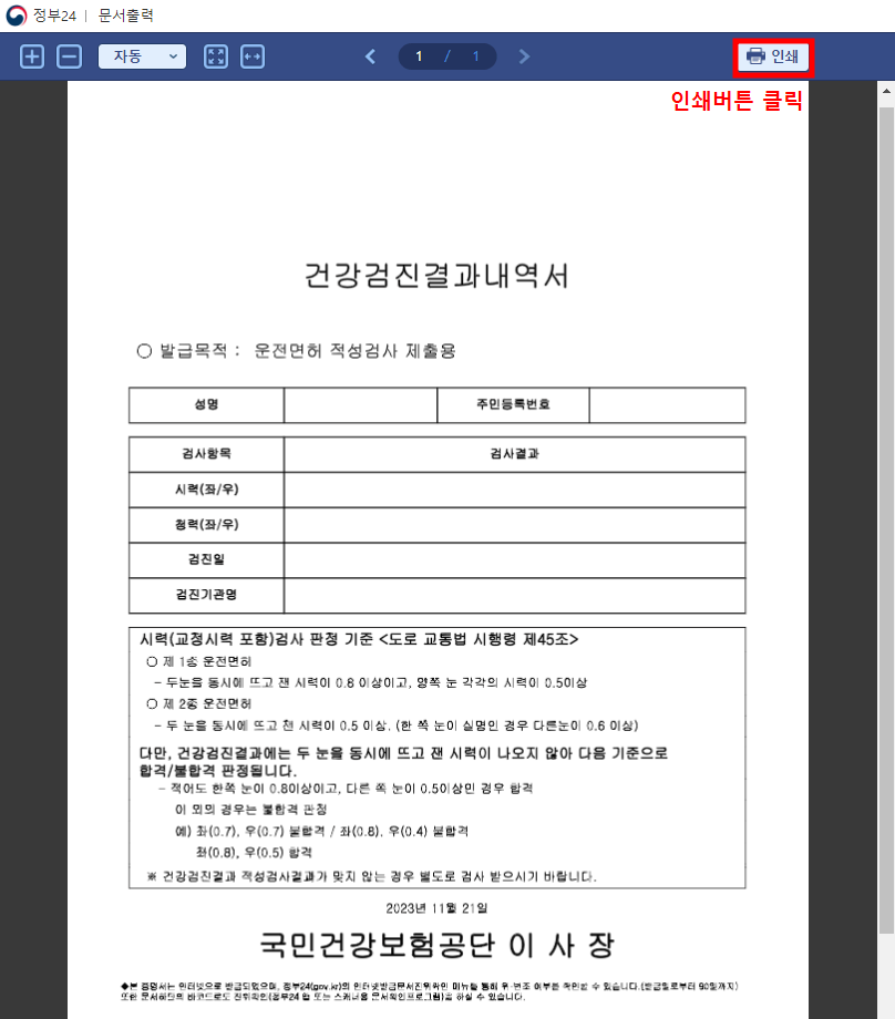 건강검진 결과 내역서 조회 발급 출력 방법