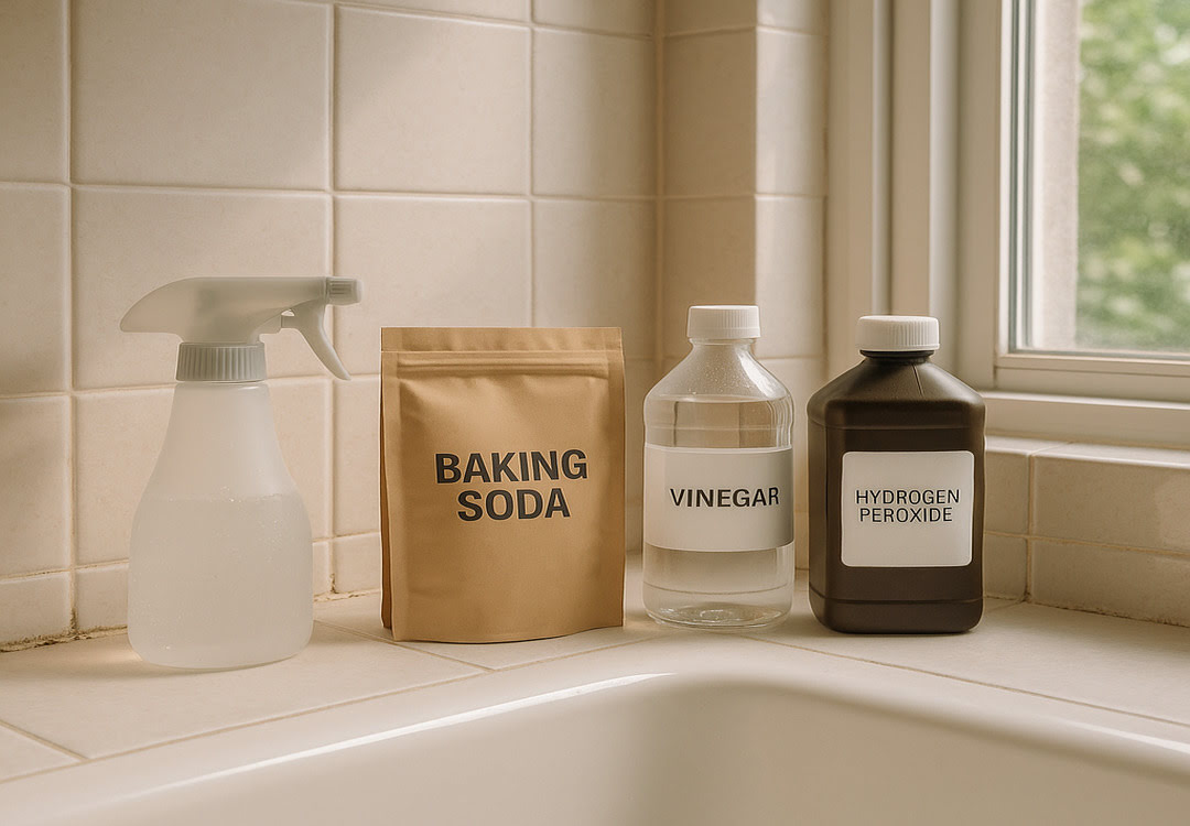 창가에욕조한쪽에분무기베이킹소다식초과산화수소가놓여있는사진