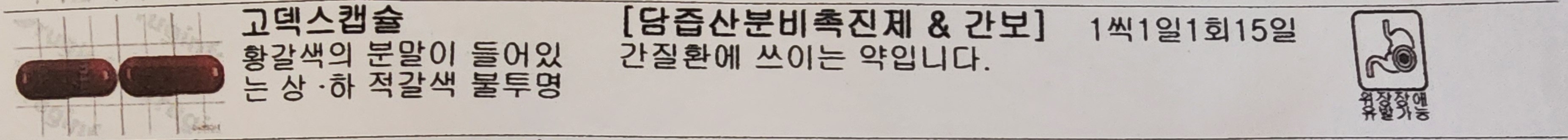최근 필자가 받은 약봉투에 표기된 고덱스 캡슐 설명. 고덱스는 간질환에 쓰이는 약이다.