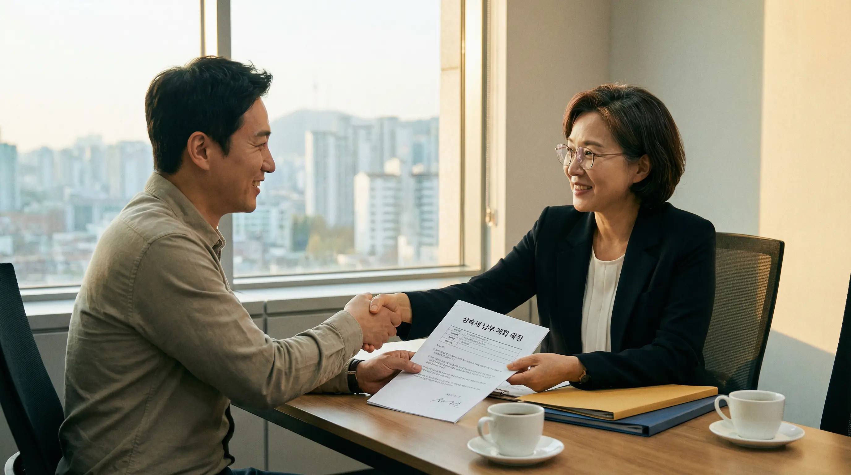 금융 전문가와 상담하며 상속세 납부 계획을 확정하고 안도하는 상속인의 모습