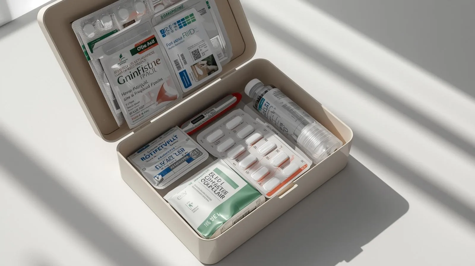 1인 가구 자기 돌봄 시스템중 하나인 해열제, 소화제, 체온계, 밴드 등이 종류별로 정리된 응급 약상자