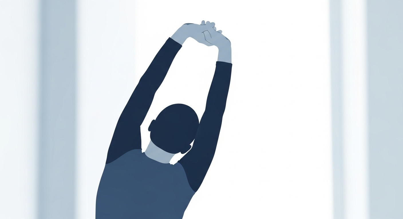 팔을 위로 뻗어 기지개를 켜며 온몸을 늘리는 사람의 모습. 아침 스트레칭의 시작을 나타냅니다.