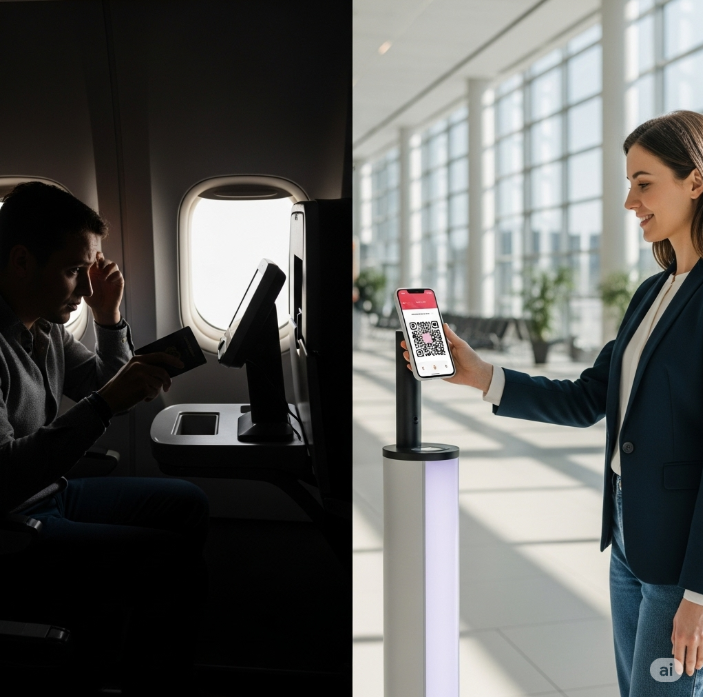 스마트폰 화면이 잘 안 보이는 어두운 비행기 기내에서 여권을 스캔하려다 실패하는 사람의 모습과, 공항 로비의 밝은 곳에서 손쉽게 QR코드를 사용하는 모습이 대비되는 이미지