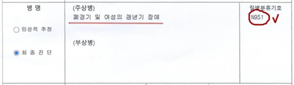 갱년기 질병코드가 있는 의사진단서