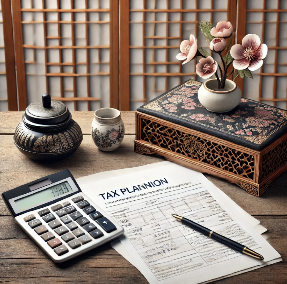 책상 위에 놓인 서류를 통해 상속 및 증여세 계획을 세우는 모습