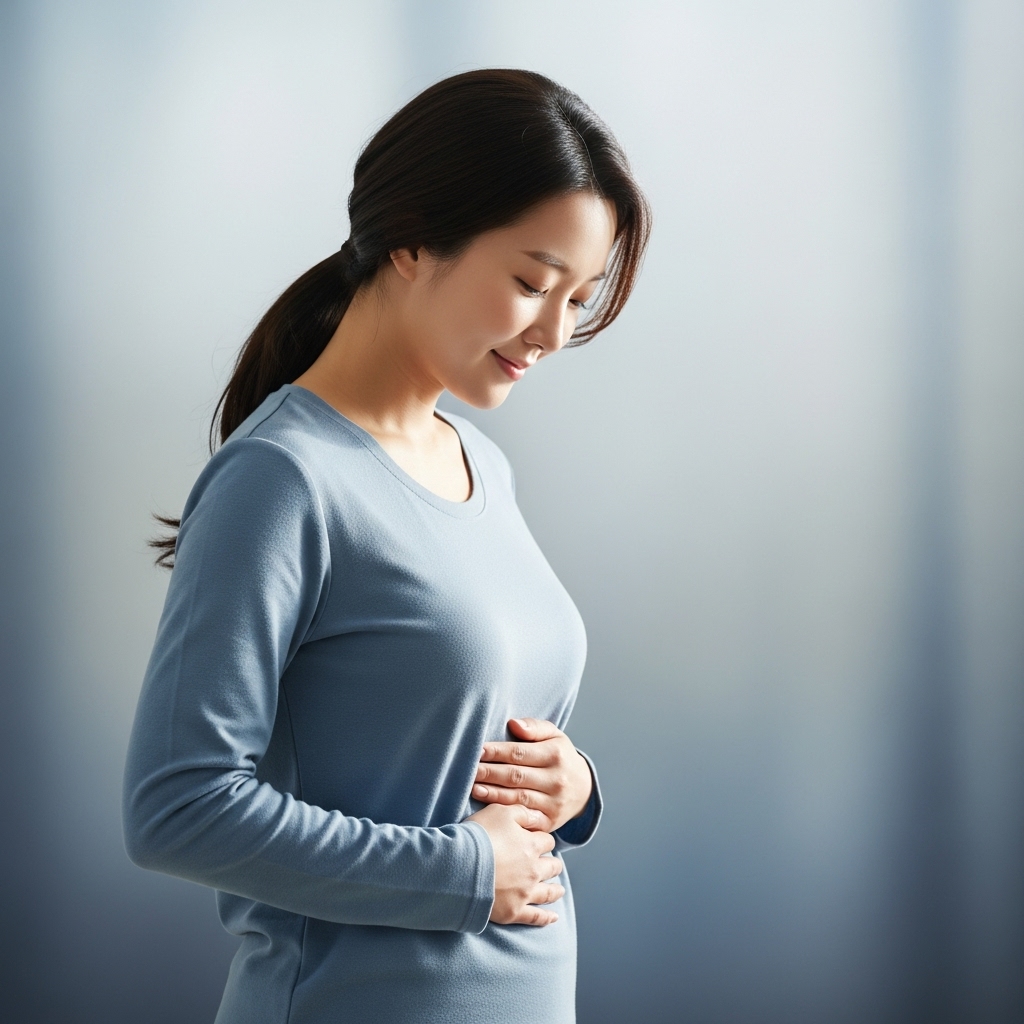 여성 건강과 호르몬 균형을 상징하는, 배를 부드럽게 감싸고 미소 짓는 평온한 한국 여성.