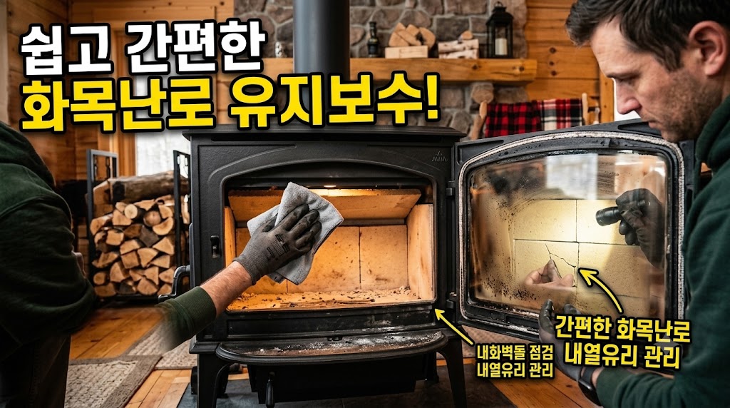 화목난로 내부의 내화벽돌 점검 및 세라믹 내열유리 관리 모습