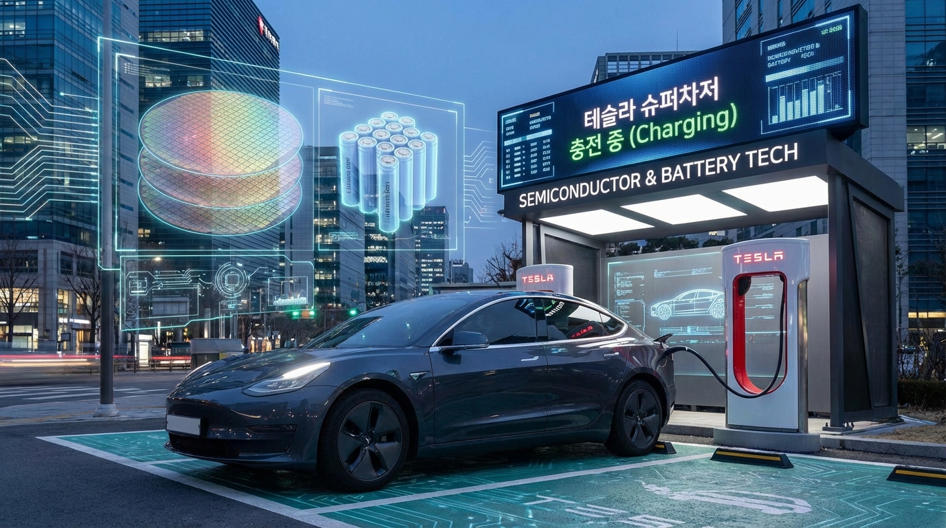 배터리 원자재와 자율주행 기술을 상징하는 테슬라 부품 이미지