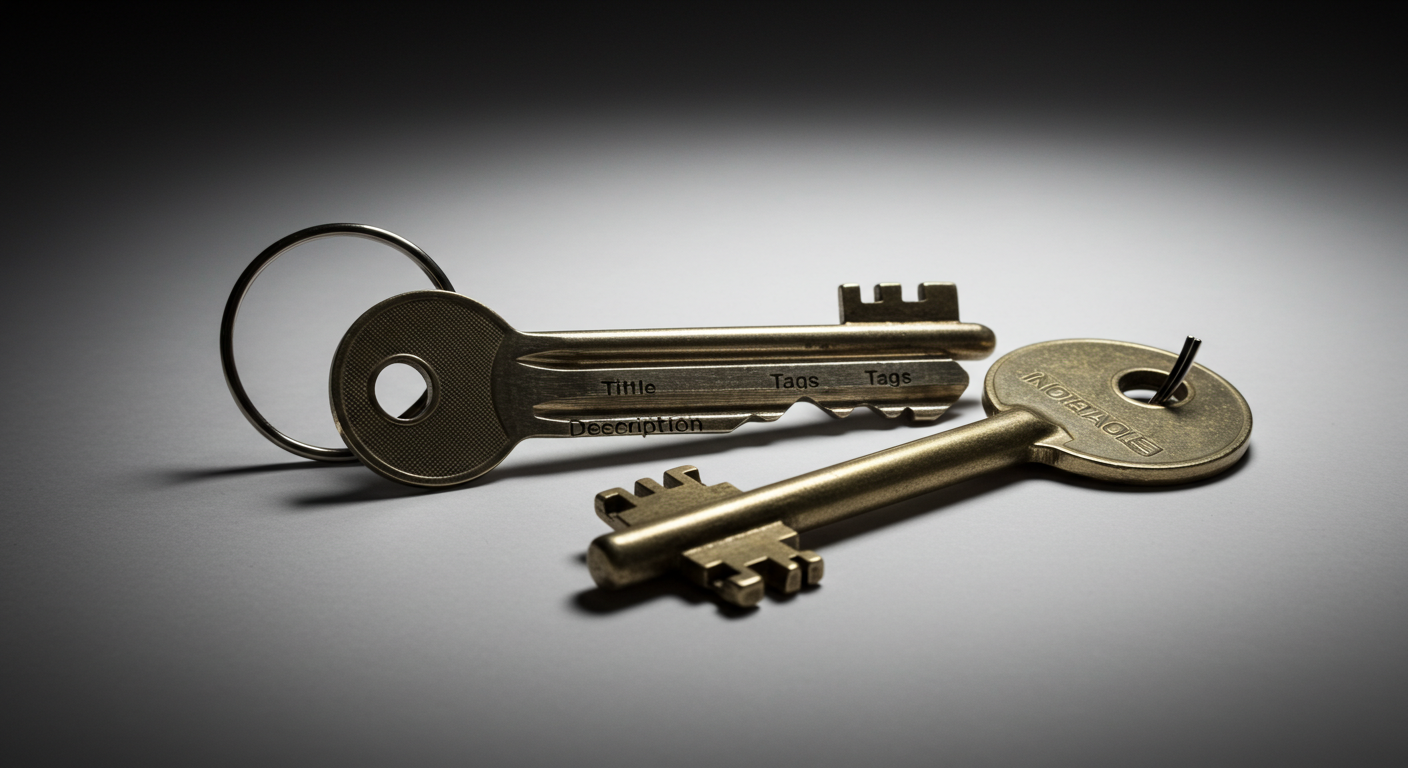 제목&middot;설명&middot;태그의 역할을 세 개의 열쇠로 상징한 개념 이미지: 주의, 기대, 검색을 여는 키