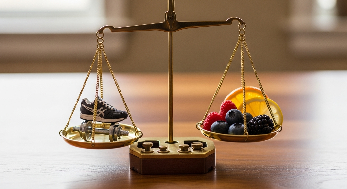양팔 저울에 운동화와 채소가 균형을 이루고 있는 이미지