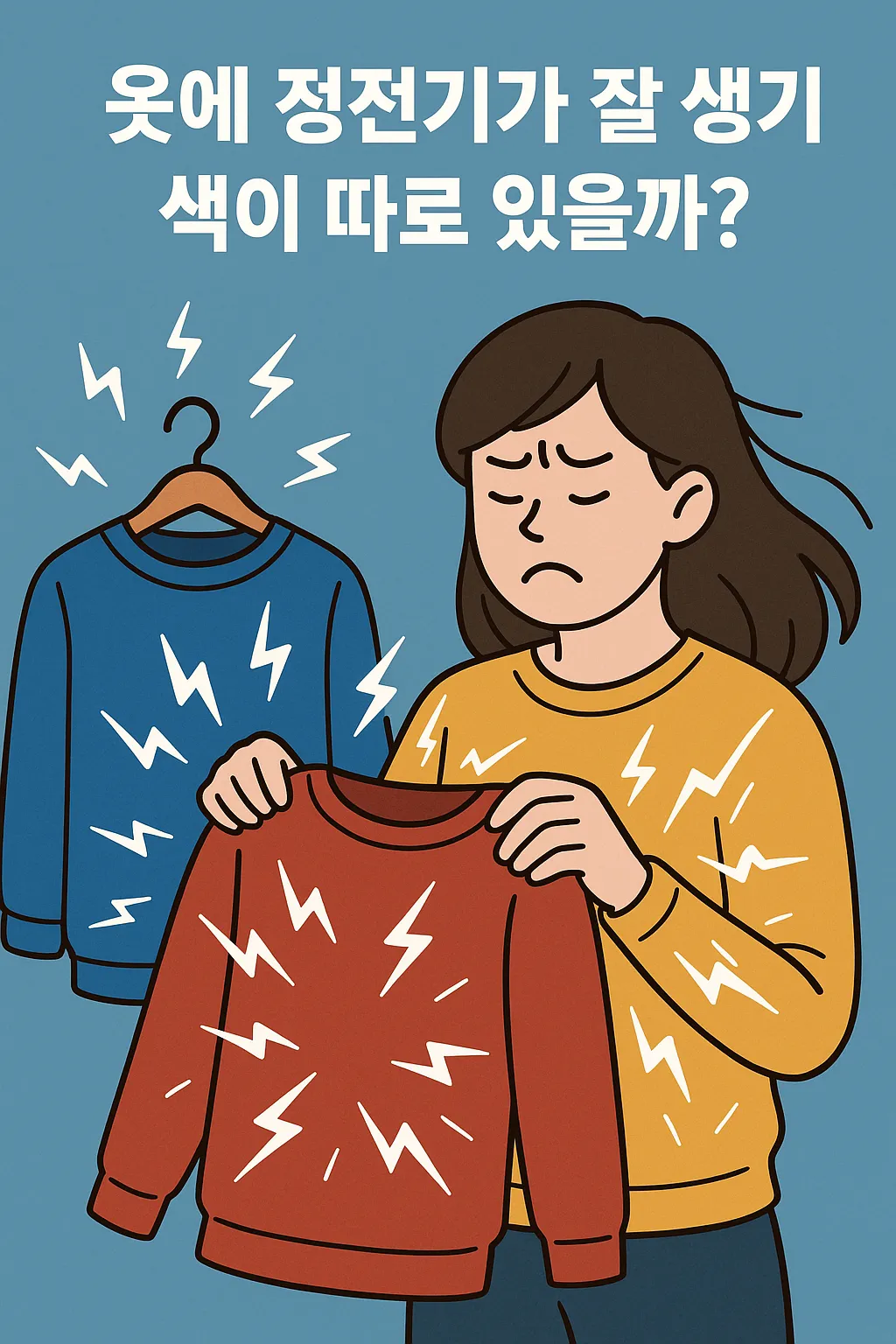 정전기를-유발하는-옷의-색상을-비교하며-불편함을-느끼는-여성의-일러스트-이미지