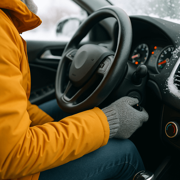 겨울철 자동차 시동을 거는 장면, 노란색 점퍼를 입은 운전자가 장갑 낀 손으로 시동 키를 돌리는 모습