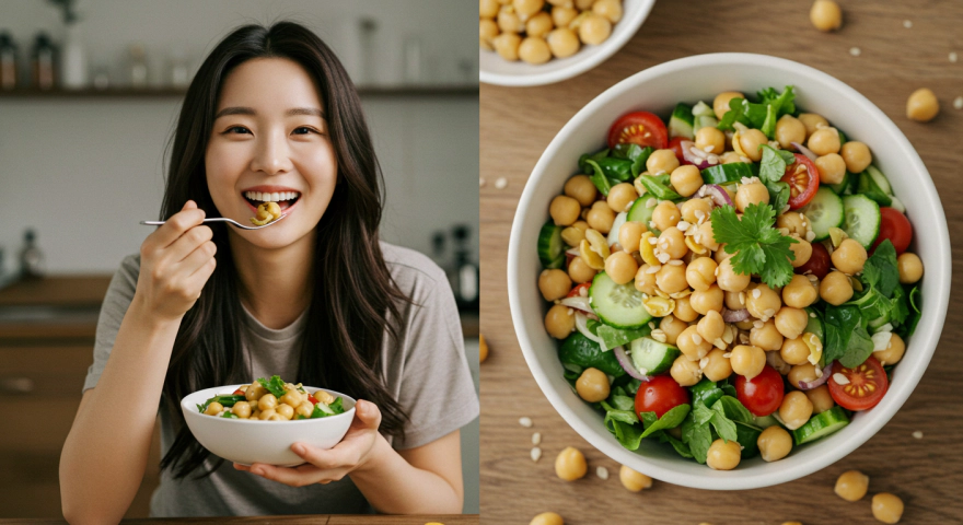 병아리콩 샐러드를 먹는 한국인 여성