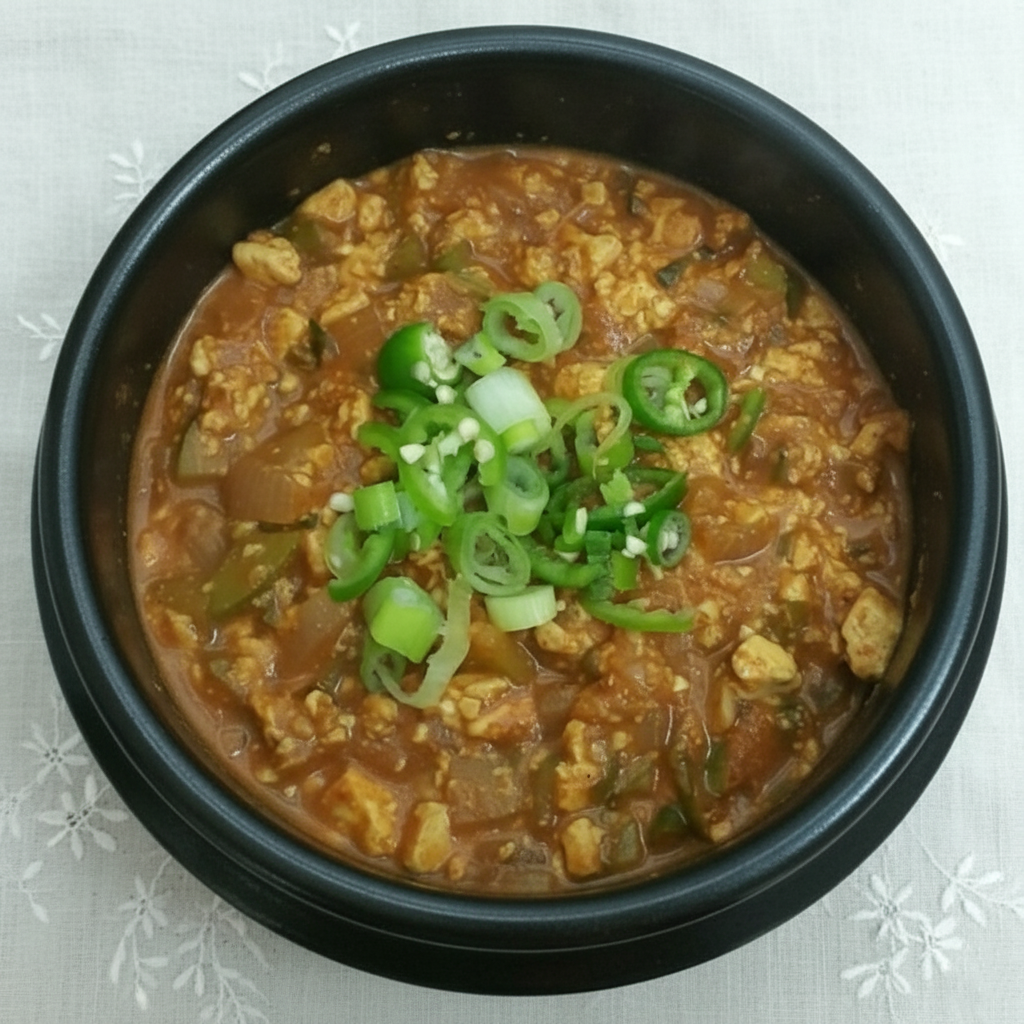 흰색 면 테이블보 위에 올려진 따뜻하고 구수한 두부강된장 뚝배기 요리.,